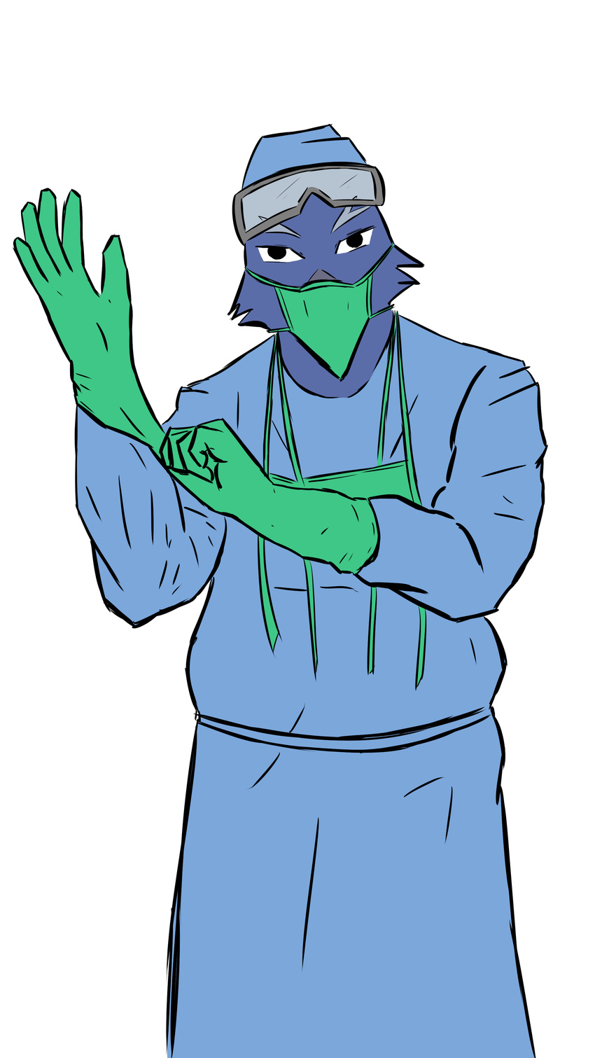 anthro avian beak bird clothed clothing corvid crow digital_media_(artwork) doctor eyewear gloves goggles hospital looking_at_viewer male mask medical scrubs simple_background solo standing surgeon surgical_mask uniform