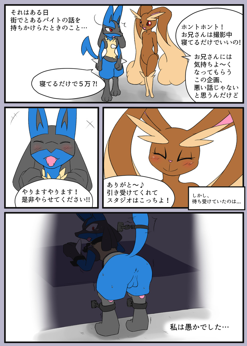 anthro anus aoinu balls bent_over blue_fur blush bound brown_fur butt chain comic fur japanese_text long_ears lopunny lucario male nintendo pok&eacute;mon presenting raised_tail red_eyes spikes text translated video_games