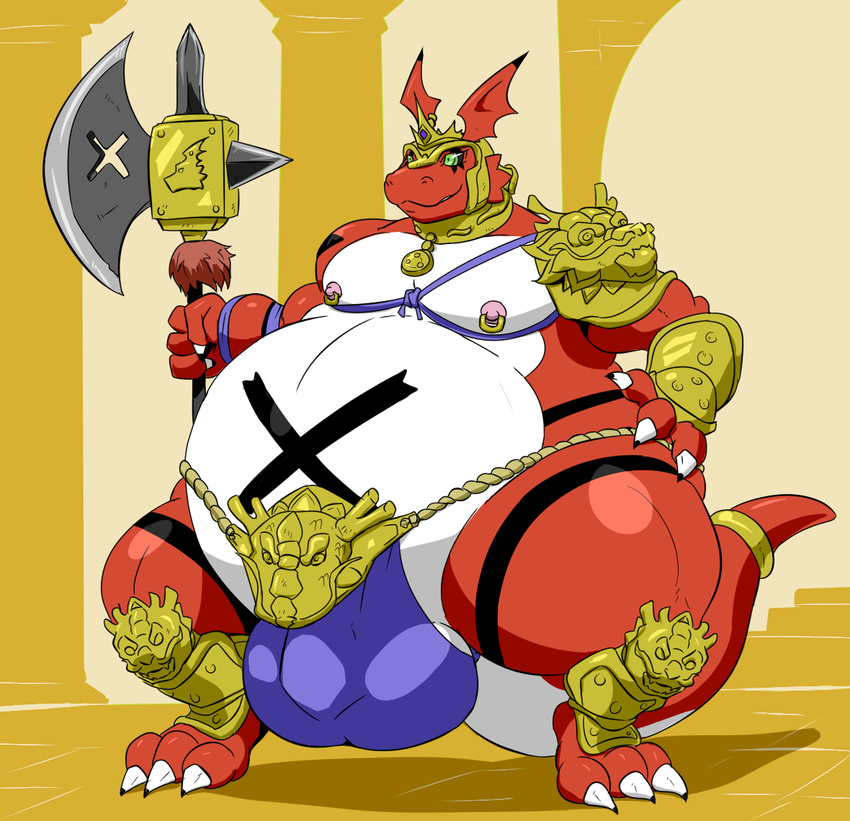 2017 a-side anthro armlet armor axe balls battle_axe belly big_balls big_belly bulge butt claws clothing collar crown digimon dinosaur ear_piercing fan_character guilmon helmet horn jewelry king_felix male melee_weapon nipple_piercing nipples overweight piercing pillars reptile scalie shoulderpad simple_background tail_ring therapod thong weapon