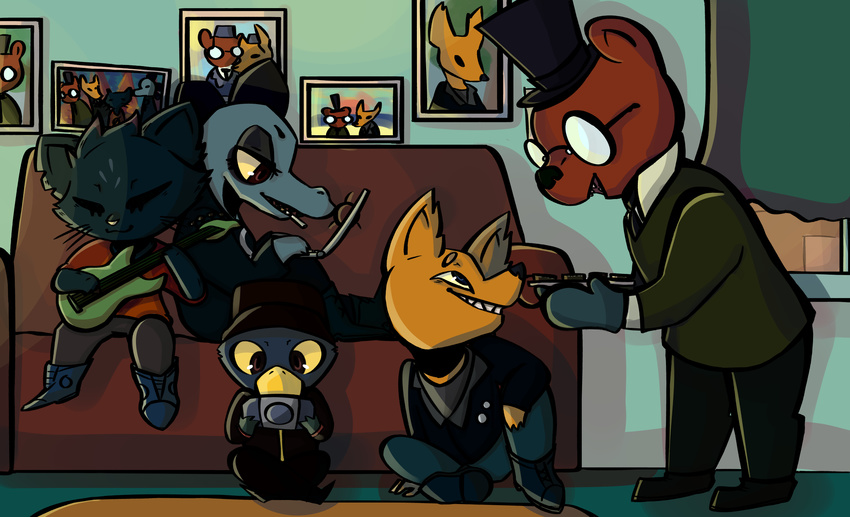 alligator angus_(nitw) anthro bass bea_(nitw) bear blue_eyes brown_eyes canine cat cigarette clothing computer crocodilian dogwishestobehyena eye_contact eyes_closed eyewear feline female footwear fox germ_(nitw) glasses gregg_(nitw) hat inside jacket laptop mae_(nitw) male mammal night_in_the_woods photo reptile scalie shoes sofa top_hat