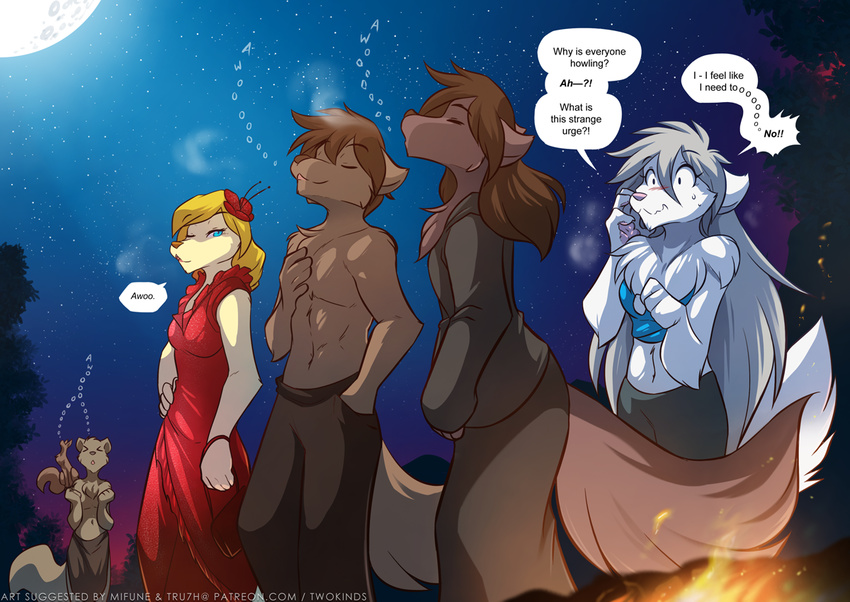 anthro blonde_hair blue_eyes blush brown_fur brown_hair canine chest_tuft clothed clothing dialogue dress ears_back embarrassed english_text eyes_closed female feral flower flower_in_hair fur grey_hair group hair howl howling_at_the_moon keidran lilith_(twokinds) loincloth male mammal midriff moon mrs_nibbly_(twokinds) natani night one_eye_closed plant raine_(twokinds) robes rodent sibling sound_effects squirrel sythe_(twokinds) text tom_fischbach topless tuft twokinds white_fur wolf zen_(twokinds)