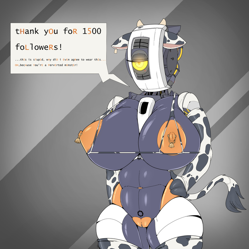 anthro aperture_science big_breasts bovine breasts cattle costume cowbell devilbluedragon female glados half-closed_eyes huge_breasts humanoid living_machine machine mammal nipple_piercing nipples orange_nipples piercing portal_(series) pussy robot shiny thick_thighs unimpressed valve video_games voluptuous