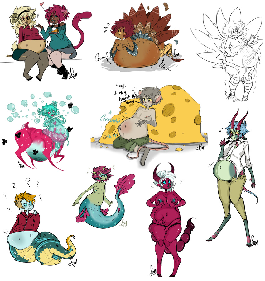 animal_humanoid anthro avian belly big_belly bird cat_humanoid feline female hair humanoid lamia male mammal mouse overweight pink_hair reptile rodent scalie snake squidbiscuit turkey white_hair