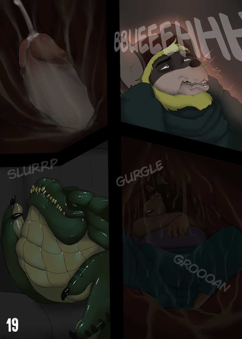 2017 alligator anthro azathura brown_fur brown_hair brutis bulge clothed clothing comic crocodile crocodilian cum cum_in_ass cum_inside equine erection fully_clothed fur green_scales hair horse humanoid_penis jeans looking_pleasured male mammal mouse obese orgasm orgasm_face overweight pants partially_clothed penis reptile rodent scales scalie smile snuff vore