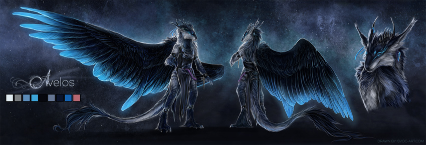 anthro blue_eyes clothed clothing dragon feathered_dragon feathered_wings feathers fur furred_dragon horn isvoc model_sheet solo standing wings