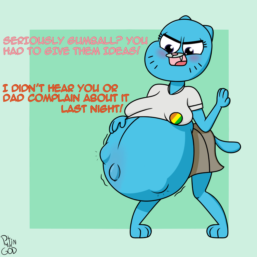 anthro belly big_belly cartoon_network cat dialogue english_text feline female hand_on_stomach mammal mature_female nicole_watterson post_vore text the_amazing_world_of_gumball vore
