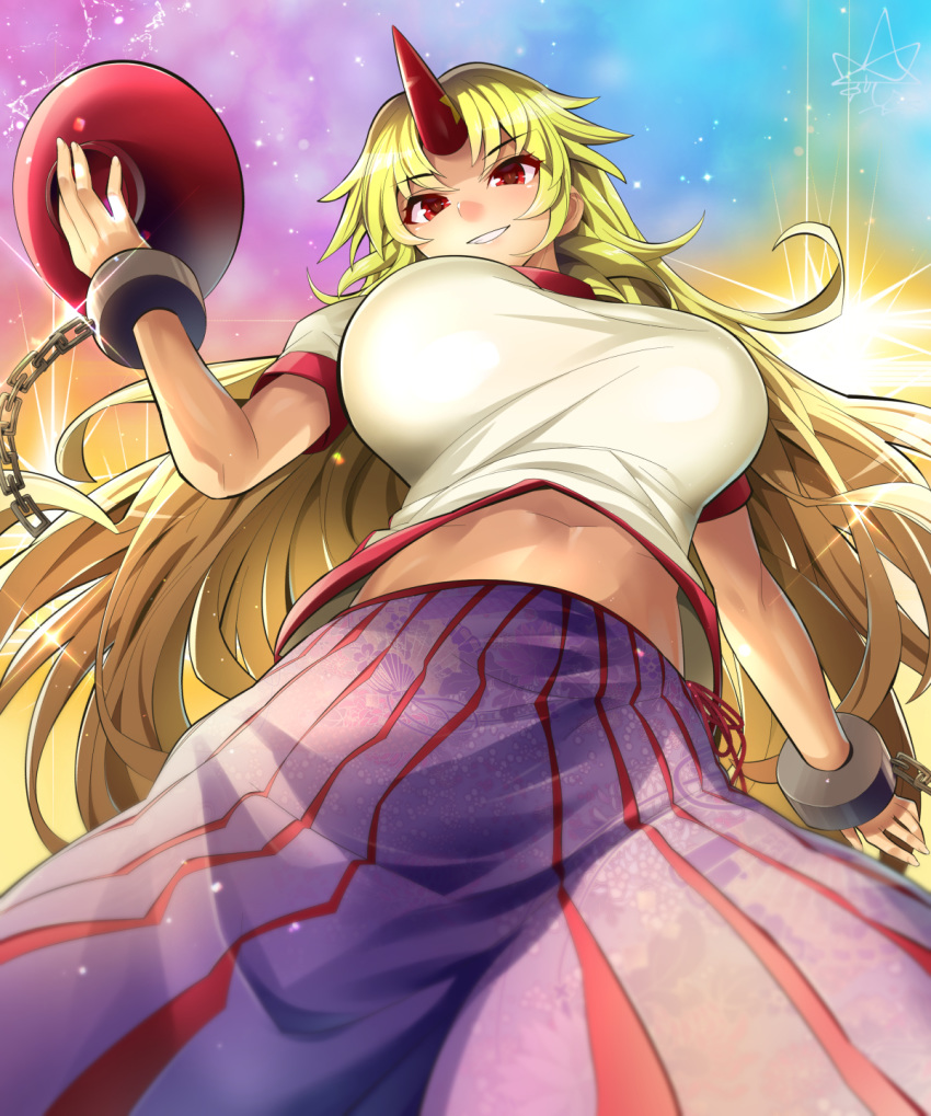 1girl blonde_hair blue_background breasts chains commentary_request cuffs cup eyebrows_visible_through_hair glint gradient gradient_background hand_up highres holding horn hoshiguma_yuugi large_breasts long_hair looking_at_viewer midriff perspective pink_background purple_skirt red_eyes sakazuki shirt short_sleeves skirt smile solo star touhou umigarasu_(kitsune1963) white_shirt yellow_background