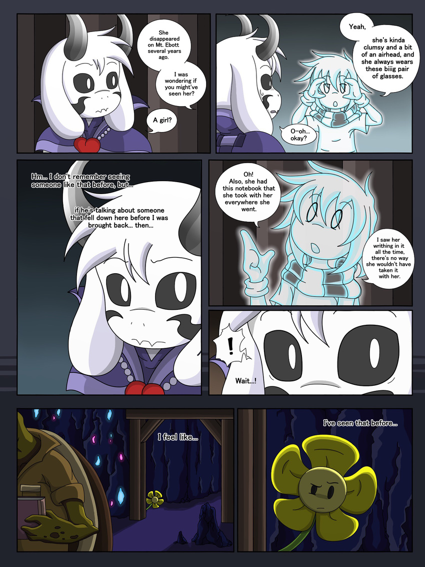 anthro asriel_dreemurr boss_monster caprine clothed clothing comic dialogue duo english_text flower fur gerson ghost goat hair human jewelry mammal necklace plant reptile scalie scarf speech_bubble spirit taggen96_(artist) text turtle undertale video_games
