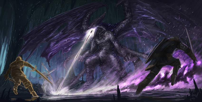 cave clothed clothing dark_souls darkeater_midir dragon holding_object holding_weapon human mammal melee_weapon membranous_wings open_mouth purple_skin sword teeth themefinland video_games weapon wings