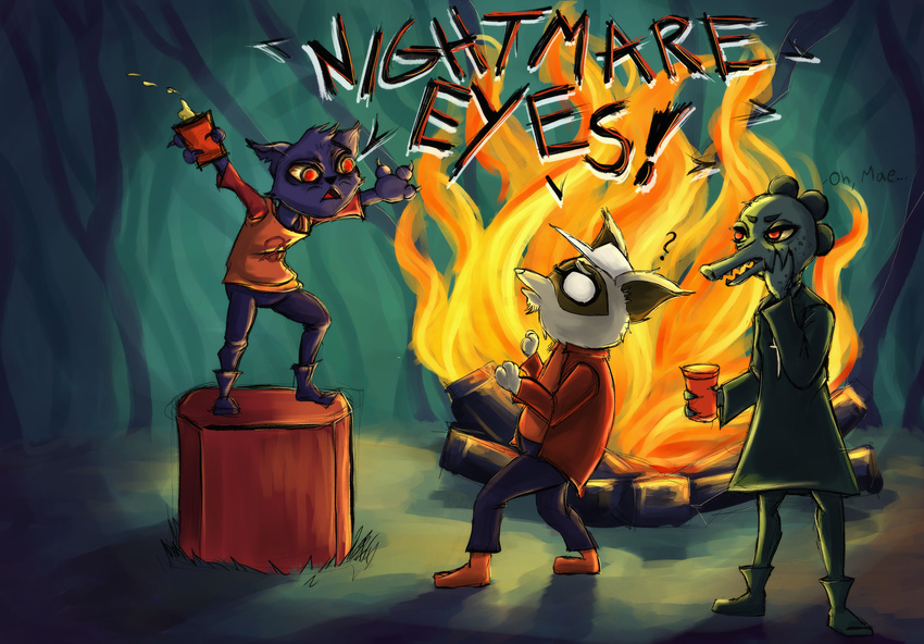 2017 alligator anthro bea_(nitw) black_fur campfire cat clothed clothing cole_(nitw) crocodilian dialogue digital_media_(artwork) english_text feline fire fur green_scales grey_fur mae_(nitw) mammal night night_in_the_woods outside raccoon reptile scales scalie soficathie text