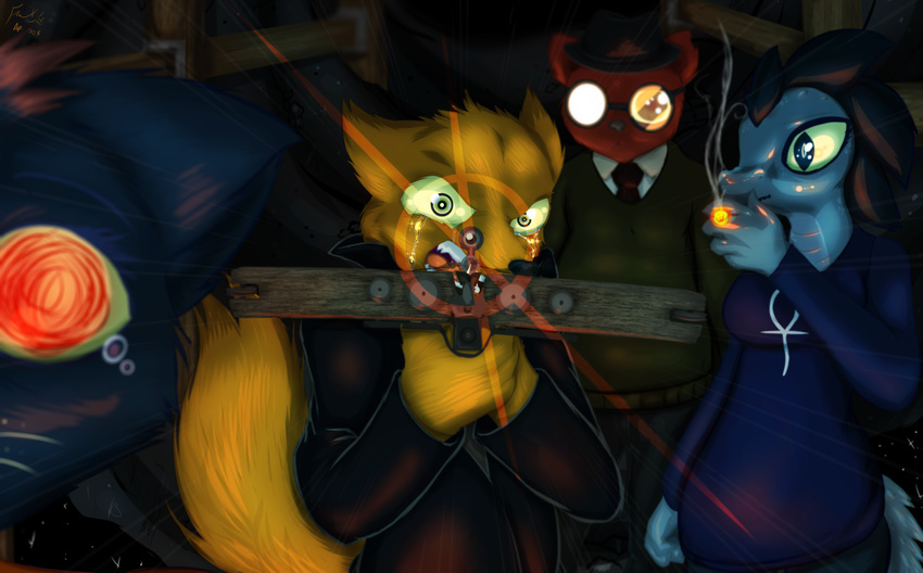 angus_(nitw) ankh anthro bea_(nitw) cigarette clothing crossbow crying eyewear frist44 glasses gregg_(nitw) jacket mae_(nitw) night_in_the_woods ranged_weapon smoking tears weapon