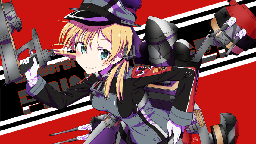 anchor_hair_ornament aqua_eyes black_ribbon black_skirt blonde_hair blush breasts commentary eyebrows_visible_through_hair eyes_visible_through_hair gloves gun hair_between_eyes hair_ornament hat highres iron_cross kantai_collection leaning_forward long_sleeves looking_at_viewer low_twintails machinery medium_breasts microskirt military military_hat military_uniform peaked_cap pleated_skirt prinz_eugen_(kantai_collection) ribbon rigging skirt smile solo turret twintails uniform wakou_(zassou_tamashi) weapon white_gloves