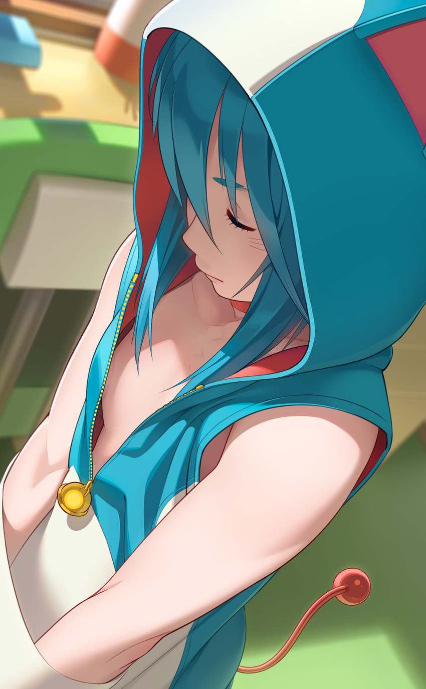 animal_ears bangs bare_shoulders bell blue_hair breasts chair choker closed_eyes closed_mouth collarbone day doraemon doraemon_(character) downblouse facial_mark from_side go_robots hands_in_pockets highres hood hooded_track_jacket hoodie indoors jacket personification profile sideboob sidelocks sleeveless sleeveless_hoodie small_breasts solo table tail thief track_jacket unzipped upper_body whisker_markings zipper_pull_tab