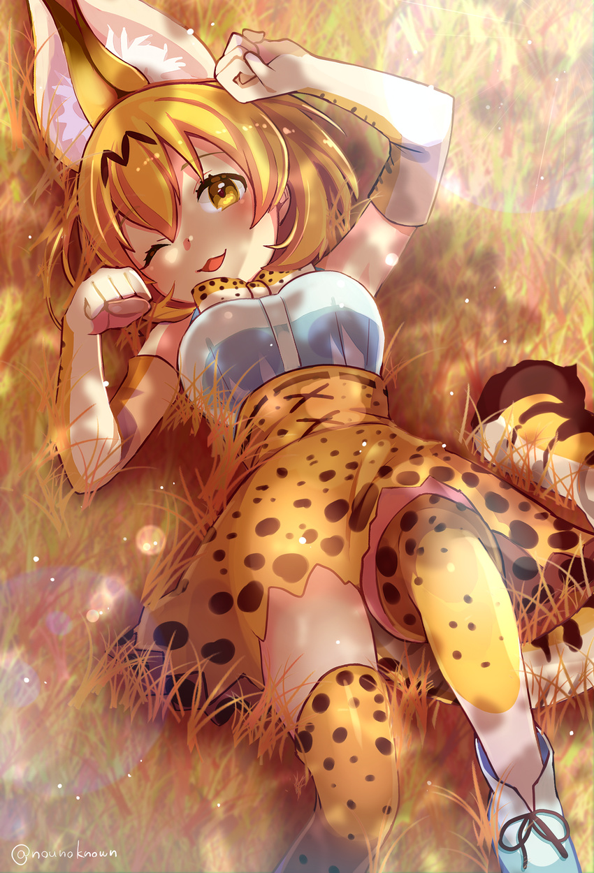 ;3 absurdres animal_ears artist_name bare_shoulders blonde_hair blush bow bowtie breasts elbow_gloves full_body gloves grass highres kemono_friends large_breasts looking_at_viewer lying nou on_back on_grass one_eye_closed open_mouth paw_pose serval_(kemono_friends) serval_ears serval_print serval_tail short_hair sleeveless smile solo tail thighhighs wavy_mouth yellow_eyes zettai_ryouiki