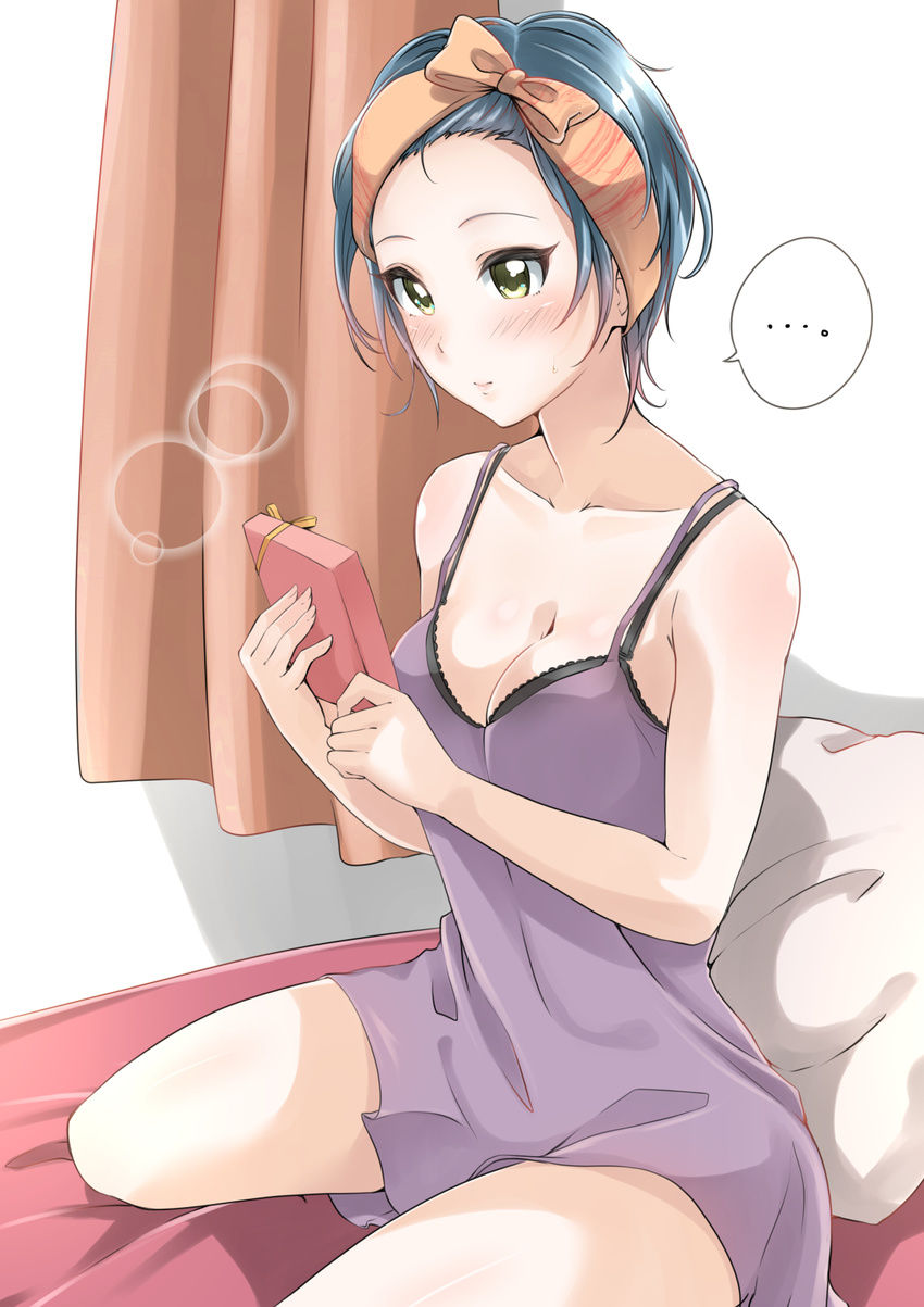 1girl 3: babydoll bad_id bad_pixiv_id blue_hair blush breasts collarbone commentary_request curtains gift hayami_kanade highres holding holding_gift idolmaster idolmaster_cinderella_girls indoors lens_flare light_smile medium_breasts murabito_c on_bed pillow sitting solo spoken_ellipsis sweatdrop thighs tied_hair wariza yellow_eyes