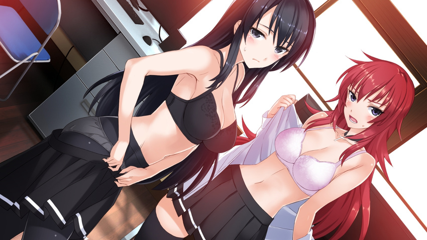 andou_teruha black_bra black_eyes black_hair black_legwear blue_eyes blush bra breasts chair choker cleavage cross dutch_angle folding_chair highres indoors kuroda_sayuki large_breasts looking_at_viewer matsuryuu multiple_girls navel no_eyewear open_clothes open_skirt panties panties_under_pantyhose pantyhose pink_bra pleated_skirt red_hair school_uniform shoujo-tachi_wa_kouya_wo_mezasu skirt skirt_pull sweatdrop thighhighs underwear undressing