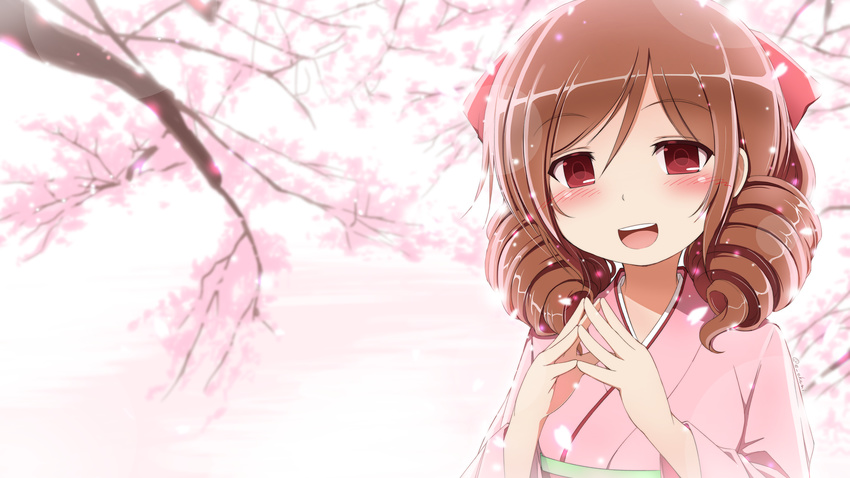 blush bow brown_hair cherry_blossoms drill_hair earth_ekami fingers_together hair_bow harukaze_(kantai_collection) highres japanese_clothes kantai_collection kimono long_hair looking_at_viewer meiji_schoolgirl_uniform open_mouth pink_kimono red_bow red_eyes smile solo tree twin_drills upper_body wallpaper