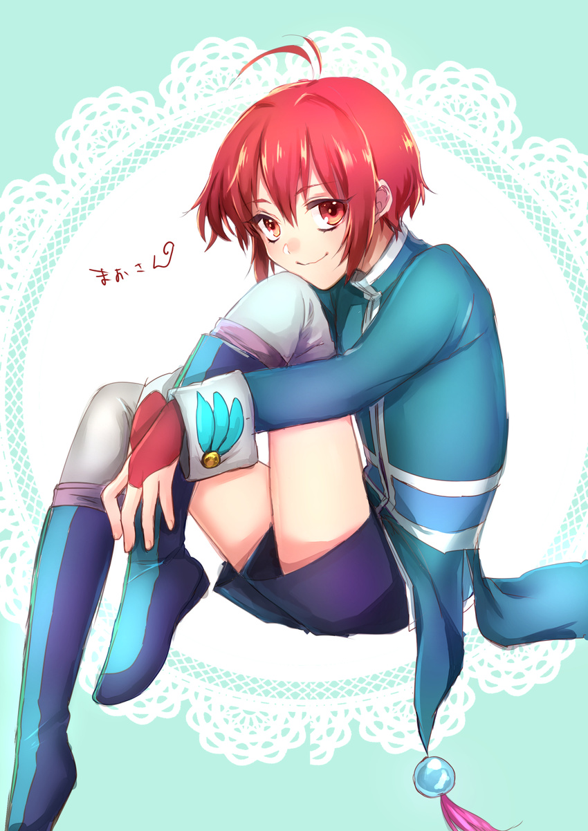 1boy ahoge boots gloves mao_(tales) red_eyes red_hair short_hair shorts smile tales_of_(series) tales_of_rebirth thighhighs