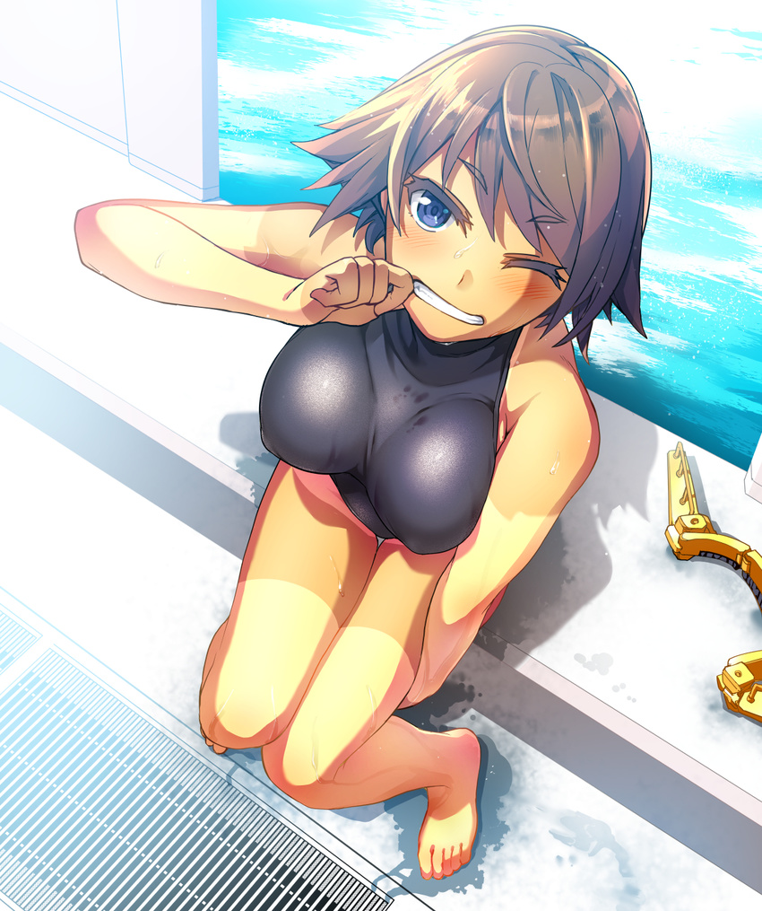 bare_legs bare_shoulders barefoot black_swimsuit blue_eyes brown_hair headgear_removed hiei_(kantai_collection) highres kantai_collection knees_together_feet_apart one_eye_closed pool short_hair sitting smile solo swimsuit tan tanline teeth tsukinami_kousuke water wet