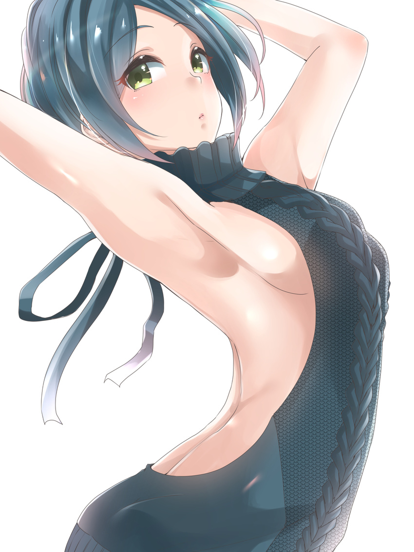 aran_sweater arched_back armpits arms_up backless_dress backless_outfit bad_id bad_pixiv_id blue_hair breasts commentary_request drawstring dress eyebrows_visible_through_hair green_eyes halterneck hayami_kanade highres idolmaster idolmaster_cinderella_girls looking_at_viewer medium_breasts meme_attire murabito_c naked_sweater parted_lips ribbed_sweater short_hair sideboob simple_background solo sweater sweater_dress turtleneck turtleneck_sweater upper_body virgin_killer_sweater white_background