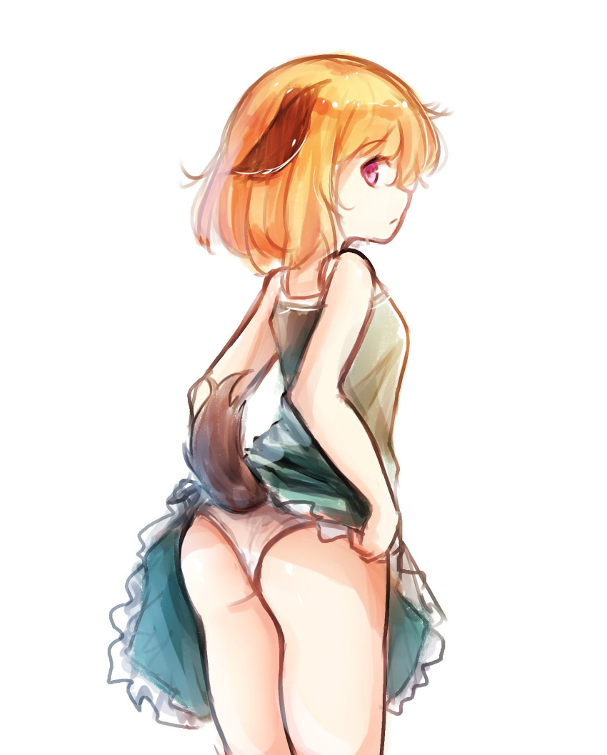 1girl animal_ears ass brown_hair dog_ears dog_tail dress dress_lift from_behind green_dress highres kosobin lifted_by_self looking_back original panties pink_eyes short_hair simple_background sketch solo tail underwear white_background white_panties