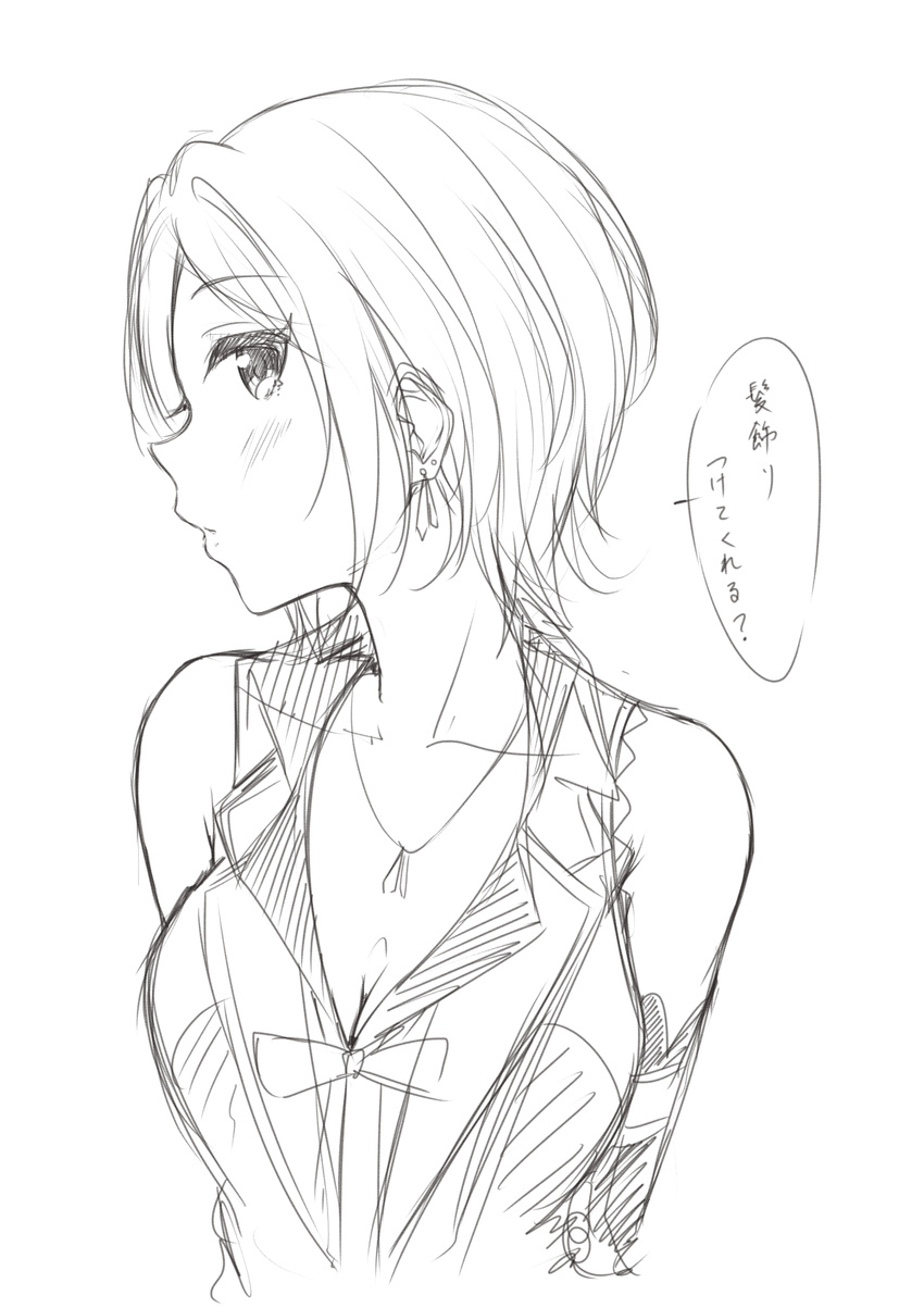 blush breasts cleavage closed_mouth collarbone commentary_request earrings greyscale hayami_kanade highres idolmaster idolmaster_cinderella_girls jewelry looking_at_viewer medium_breasts monochrome murabito_c profile short_hair sketch solo speech_bubble