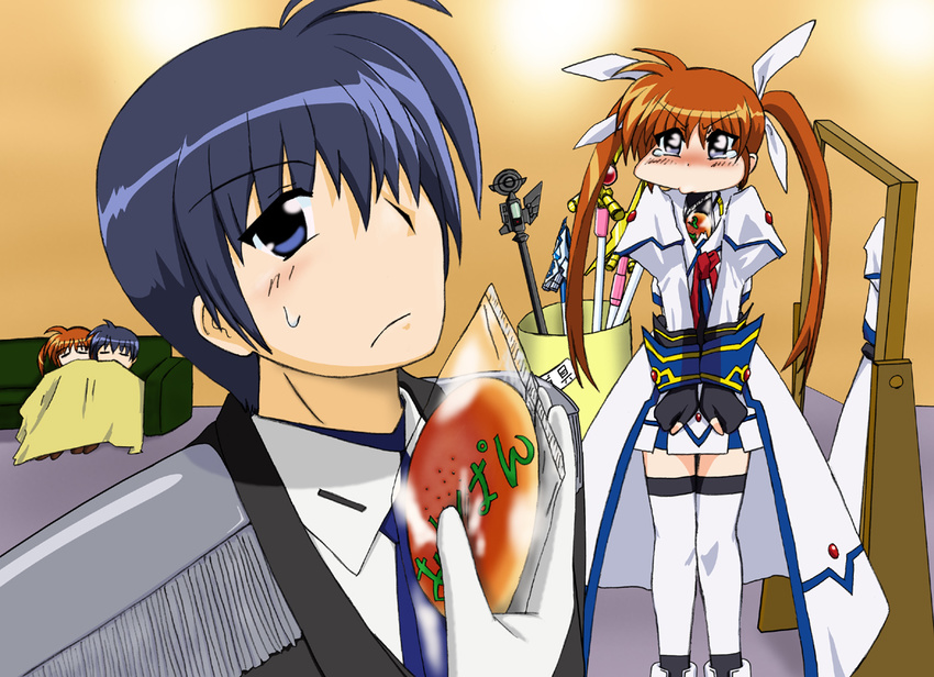 1girl ahoge blue_eyes blue_hair bow bowtie braid chrono_harlaown dress durandal_(nanoha) full_body ideaseed looking_at_viewer lyrical_nanoha mahou_shoujo_lyrical_nanoha_strikers military military_uniform raising_heart red_bow red_neckwear s2u shaded_face staff sweatdrop takamachi_nanoha thighhighs tsab_executive_military_uniform twin_braids uniform white_dress white_legwear zettai_ryouiki