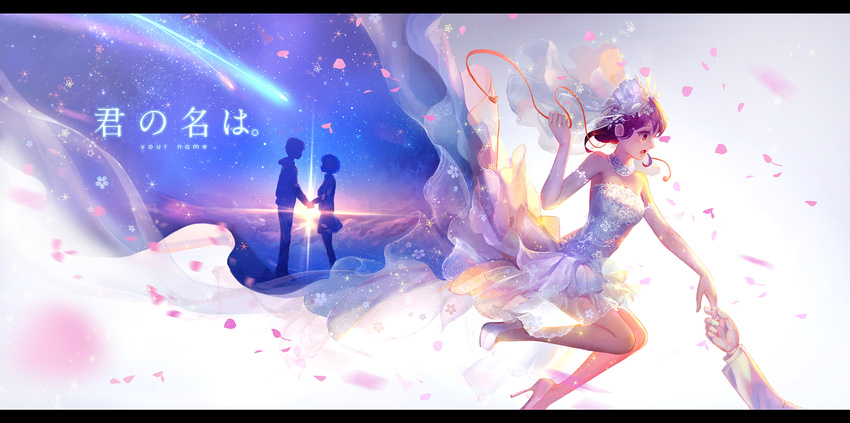 2girls alternate_costume black_hair bridal_veil brown_eyes comet copyright_name diffraction_spikes dress dual_persona highres holding_hands jewelry kimi_no_na_wa looking_at_another miyamizu_mitsuha multiple_girls pcw petals red_ribbon ribbon ring shoes silhouette veil wedding_dress wedding_ring white_footwear