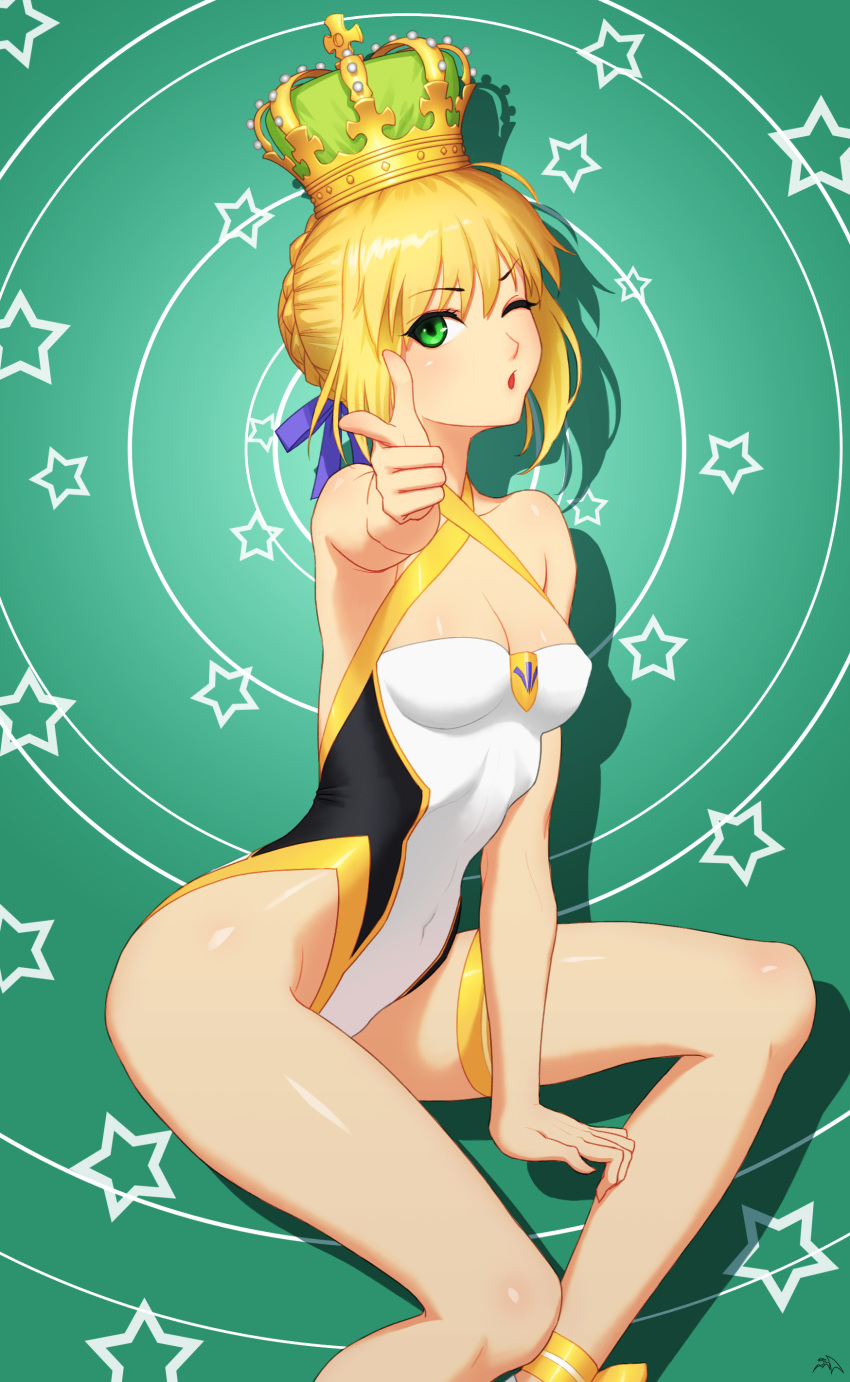 1girl ;o absurdres ahoge ankle_ribbon artoria_pendragon_(all) artoria_pendragon_(swimsuit_archer) bangs blonde_hair braid breasts cleavage covered_navel criss-cross_halter crown darkmuleth eyebrows_visible_through_hair fate/grand_order fate_(series) green_background green_eyes hair_bun halterneck highleg highleg_swimsuit highres invisible_chair looking_at_viewer medium_breasts one-piece_swimsuit one_eye_closed pointing pointing_at_viewer ribbon sitting solo swimsuit target thigh_strap