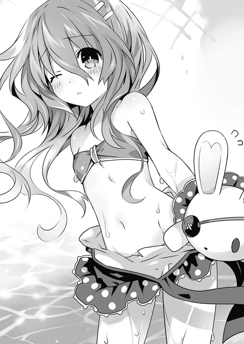 bikini breasts cleavage date_a_live eyebrows_visible_through_hair greyscale groin hair_between_eyes hair_ornament highres long_hair monochrome navel novel_illustration official_art one_eye_closed small_breasts solo standing strapless strapless_bikini swimsuit tsunako water wet yoshino_(date_a_live) yoshinon