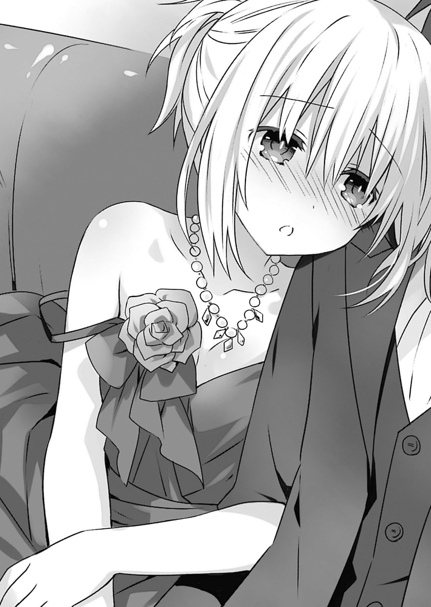 1girl blush breasts cleavage collarbone date_a_live dress eyebrows_visible_through_hair greyscale hair_between_eyes highres indoors jewelry monochrome necklace novel_illustration off_shoulder official_art open_mouth short_hair sitting sleeveless sleeveless_dress small_breasts tobiichi_origami tsunako