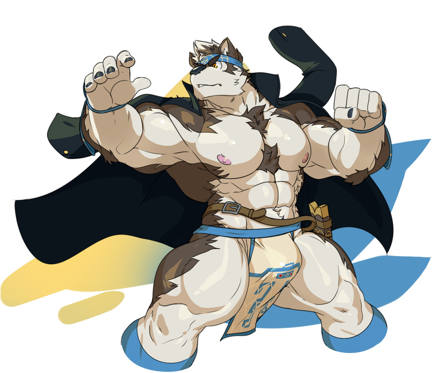 2017 5_fingers abs anthro armpits armwear belt black_nose brown_fur bulge canine chesschirebacon clothing coat fur headband horkeukamui loincloth male mammal multicolored_fur muscular muscular_male nipples open_coat simple_background solo tokyo_afterschool_summoners vambrace white_background white_fur wolf yellow_eyes