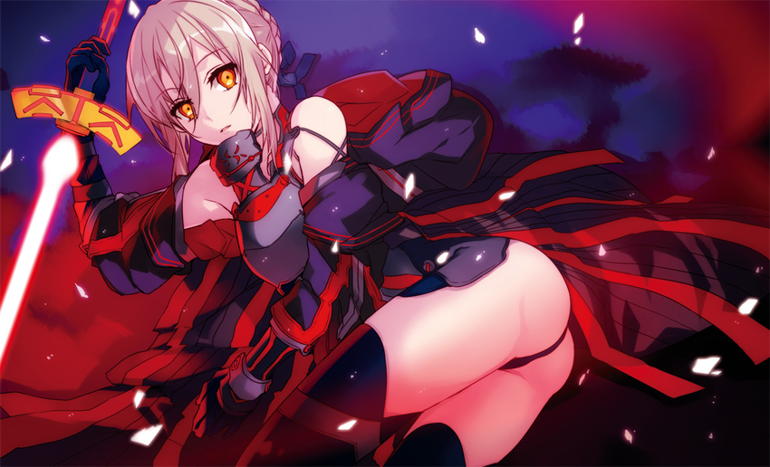 artoria_pendragon_(all) ass black_gloves black_legwear black_panties breastplate eyebrows_visible_through_hair fate/grand_order fate_(series) gloves grey_hair hair_between_eyes holding holding_sword holding_weapon jianmo_sl looking_at_viewer mysterious_heroine_x_(alter) orange_eyes panties parted_lips sidelocks solo sword thighhighs underwear weapon