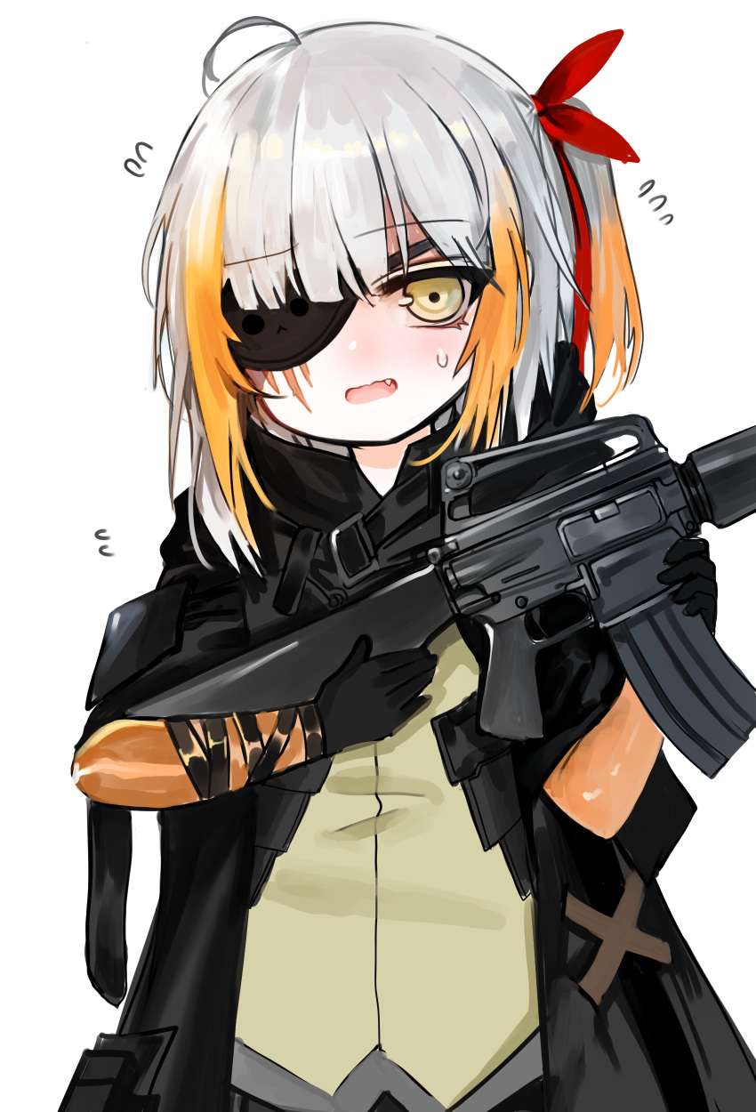 1girl absurdres ahoge assault_rifle bangs black_gloves black_jacket blush brown_eyes brown_shirt commentary_request dokomon eyebrows_visible_through_hair eyepatch fang flying_sweatdrops girls_frontline gloves gun hair_ribbon head_tilt highres holding holding_gun holding_weapon jacket korean_commentary long_hair looking_at_viewer m16 m16a1_(girls_frontline) m16a1_(girls_frontline)_(boss) multicolored_hair object_namesake one_side_up open_clothes open_jacket open_mouth orange_hair red_hair red_ribbon ribbon rifle shirt silver_hair simple_background solo streaked_hair sweat upper_body weapon white_background