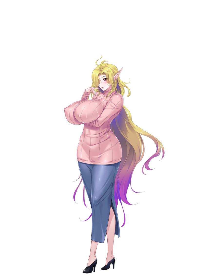 1girl aoi_nagisa_(artist) aoi_nagisa_(metalder) arms_behind_back bangs blonde_hair blush breast_hold breasts elf erect_nipples eyebrows_visible_through_hair finger_to_mouth full_body gradient_hair hair_over_one_eye high_heels highres huge_breasts long_hair long_skirt looking_at_viewer misery_stentrem multicolored_hair open_mouth pointy_ears purple_hair red_eyes simple_background skirt smile solo standing sweater very_long_hair youkoso!_sukebe_elf_no_mori_he