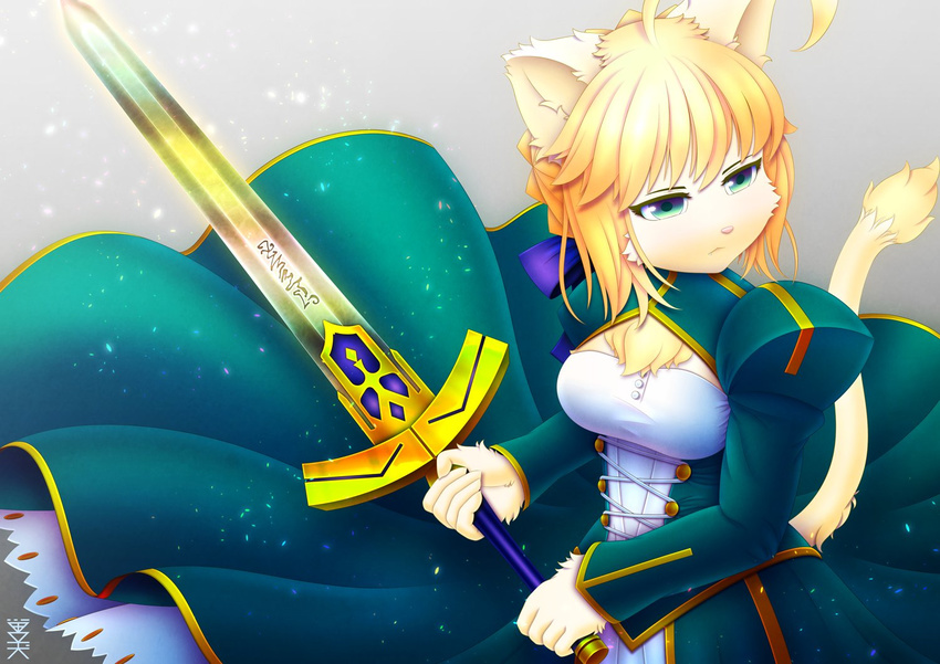 artist_request blonde_hair cat cosplay fate/stay_night fate_(series) furry green_eyes saber saber_(cosplay) sword