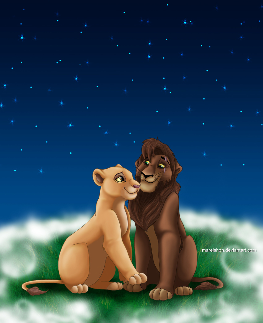 3_toes 4_toes black_nose brown_eyes brown_fur brown_hair canon_couple disney duo eye_contact eye_scar feline female feral fur grass green_eyes hair kiara kovu lion male male/female mammal mane mareishon night nude outside pink_nose scar simple_background sitting sky smile star starry_sky tail_tuft tan_fur the_lion_king toes tuft whiskers yellow_sclera
