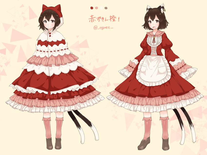 alternate_costume animal_ears animal_hood apron brown_eyes brown_hair cat_ears cat_hood cat_tail chen commentary_request dress egret frilled_dress frilled_shirt_collar frilled_sleeves frills full_body highres hood jewelry long_sleeves multiple_tails nekomata puffy_long_sleeves puffy_sleeves shoes short_hair single_earring smile socks solo tail too_many too_many_frills touhou translation_request twitter_username two_tails