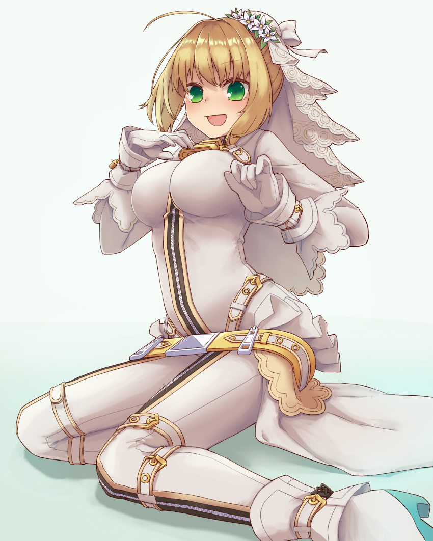 1girl :d absurdres ahoge blonde_hair bodysuit boots breasts fate/extra fate/extra_ccc fate_(series) flower gloves green_eyes hair_flower hair_ornament head_wreath highres large_breasts namec0 nero_claudius_(bride)_(fate) nero_claudius_(fate)_(all) open_mouth shiny shiny_hair sidelocks simple_background sitting smile solo white_background white_bodysuit white_flower white_footwear white_gloves