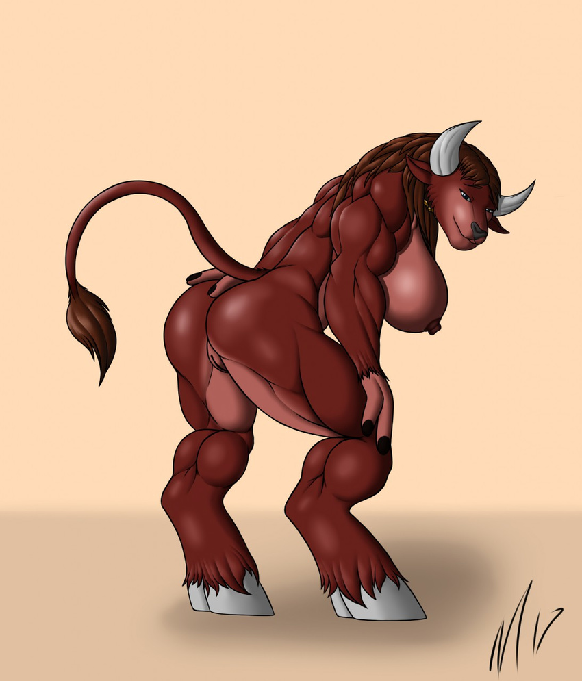 2017 anthro bent_over biceps big_breasts big_butt bovine breasts butt darkblade2000us female hooves horn looking_at_viewer looking_back mammal muscular muscular_female nipples nude pussy side_boob smile solo tauren video_games warcraft