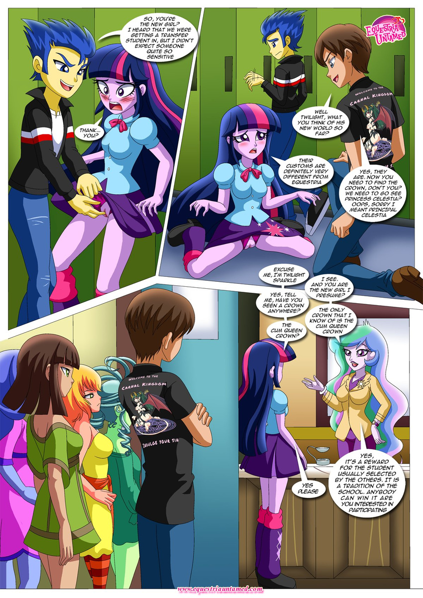 2017 alternate_species bbmbbf blush breasts brooch clothing comic crotchless_panties dress equestria_girls equestria_untamed female fingering flash_sentry_(mlp) footwear friendship_is_magic human jeans kneeling lamp legwear locker male male/female mammal masturbation my_little_pony office office_uniform palcomix panties pants princess_celestia_(mlp) principal public pussy ribbons robe school shirt shoes side_boob skirt stockings sun text twilight_sparkle_(mlp) underwear upskirt vaginal vaginal_masturbation