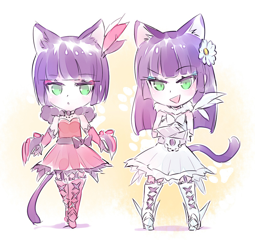 animal_ears black_hair boots cat_ears cat_tail chibi flower garter_belt green_eyes hair_flower hair_ornament highres iesupa melanie_malachite miltiades_malachite multiple_girls rwby siblings sisters tail twins