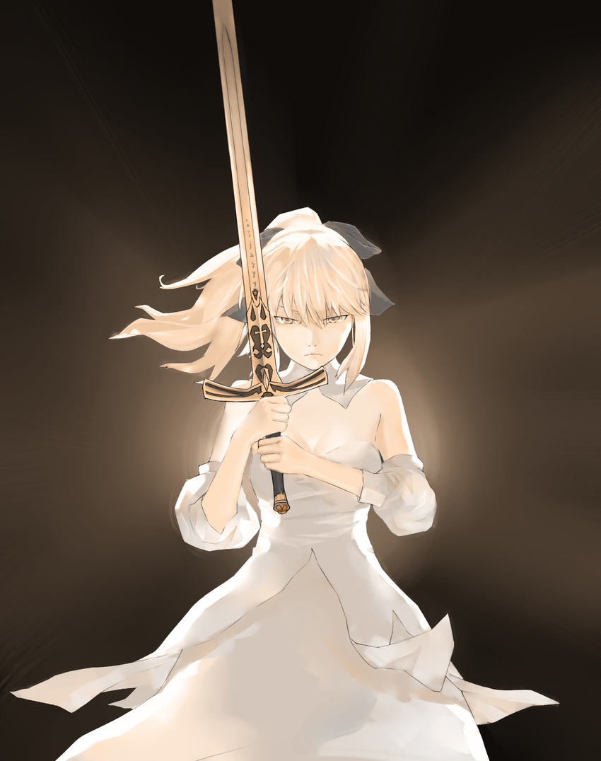 absurdres artoria_pendragon_(all) bare_shoulders black_ribbon breasts caliburn detached_collar detached_sleeves fate/unlimited_codes fate_(series) glaring hair_ribbon highres kirikiri medium_breasts ponytail ribbon saber saber_lily sketch yellow_eyes