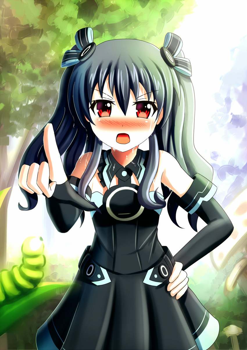 arlly_radithia bare_shoulders black_hair blush elbow_gloves fingerless_gloves gloves hair_ornament hand_on_hip highres long_hair looking_at_viewer neptune_(series) nose_blush open_mouth pointing pointing_at_viewer red_eyes solo sweat two_side_up uni_(choujigen_game_neptune)