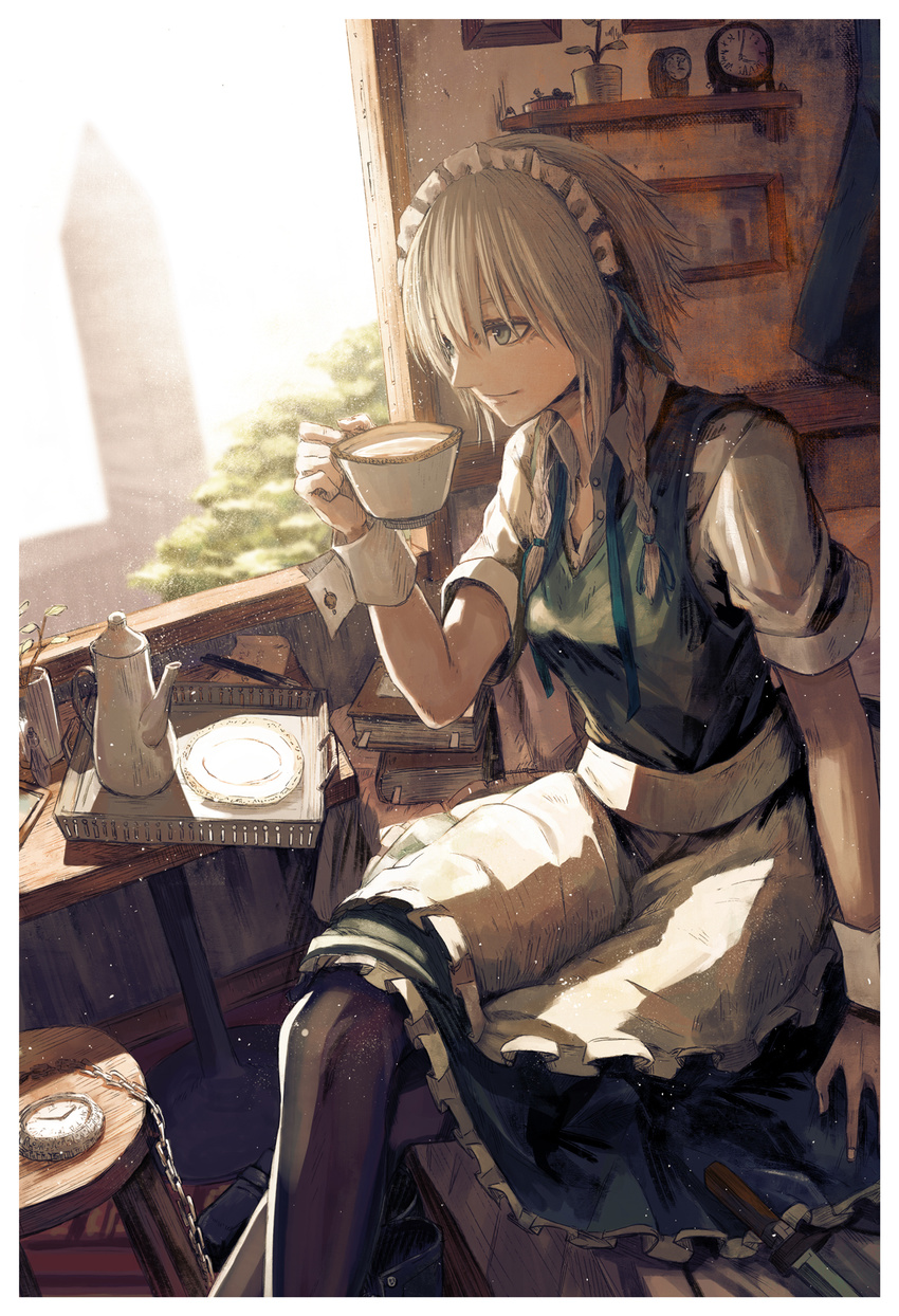 apron braid clock crossed_legs cup dagger dutch_angle highres holding indoors izayoi_sakuya light_particles maid maid_apron maid_headdress neck_ribbon pantyhose pen picture_(object) plant pocket_watch potted_plant profile ribbon saucer silver_eyes silver_hair sitting sketch smile solo stool sunlight tea teacup teapot toufu_koubou touhou tree twin_braids unbuttoned unbuttoned_shirt waist_apron watch weapon window wrist_cuffs