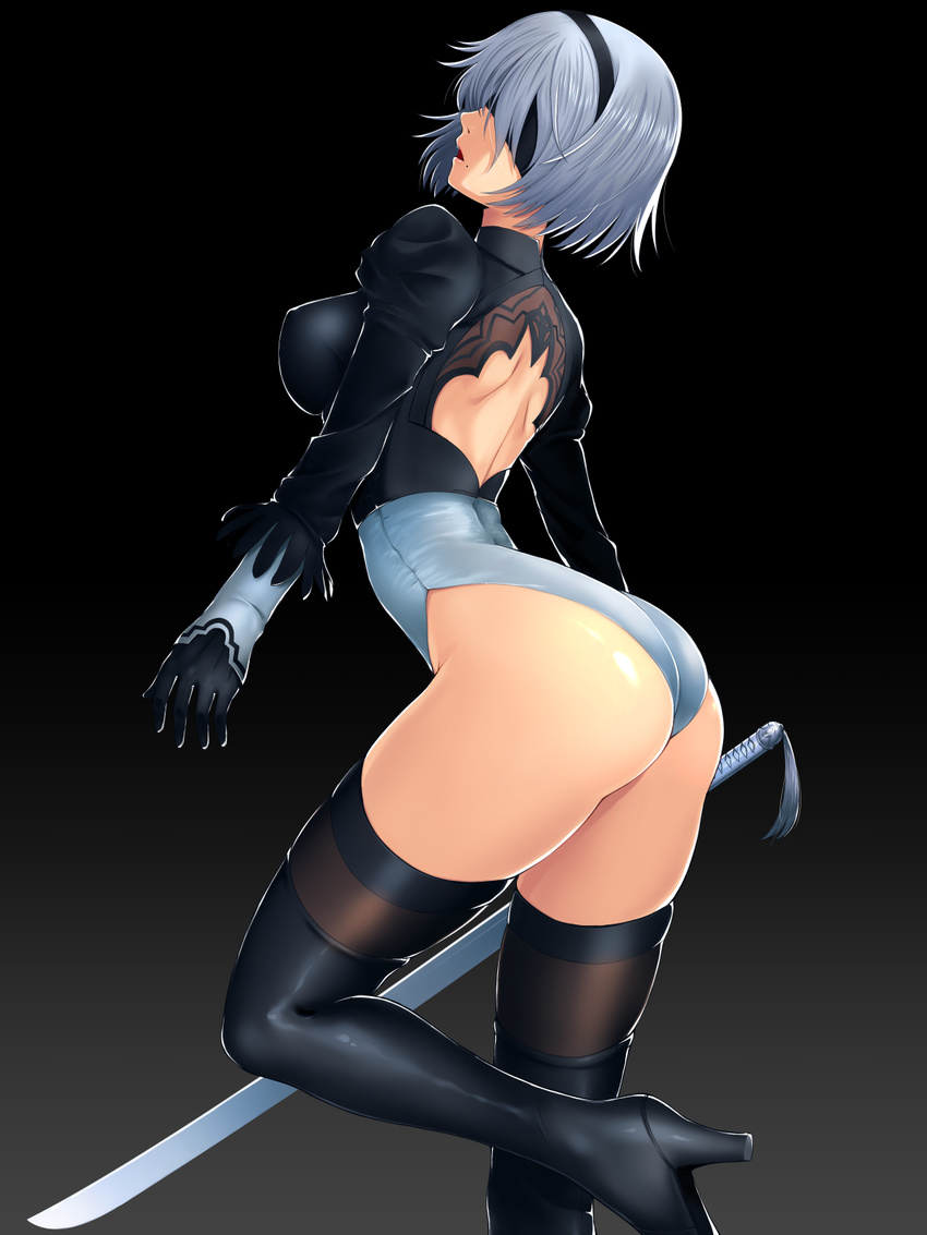 ass backless_outfit black_gloves black_legwear blindfold breasts cleavage gloves hairband high_heels highres large_breasts leotard mole mole_under_mouth nier_(series) nier_automata no_pants short_hair skindentation skirt solo taru_neko thighhighs thighs white_gloves white_hair yorha_no._2_type_b