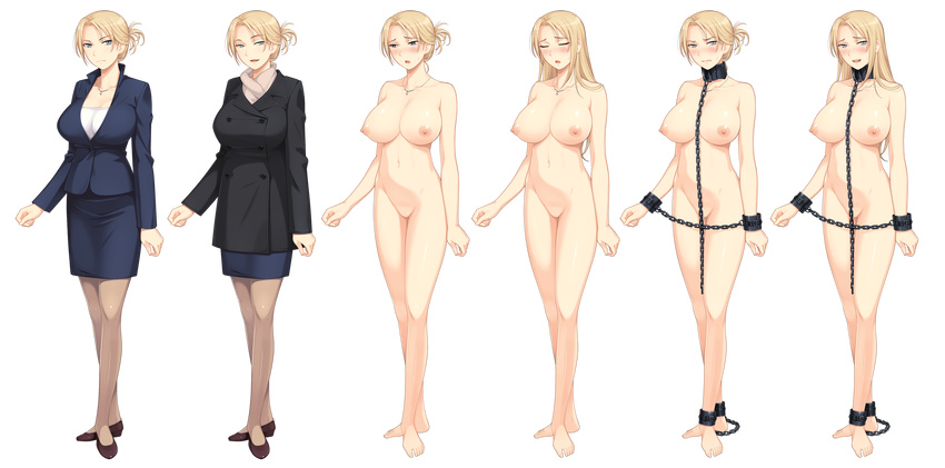 barefoot bdsm blue_eyes bondage bound breasts business_suit chain closed_eyes coat collar cuffs formal full_body highres jewelry large_breasts long_hair long_sleeves looking_at_viewer multiple_views necklace nervous nipples no_pussy nude pantyhose sakurajima_saromako serious shackles suit transparent_background updo