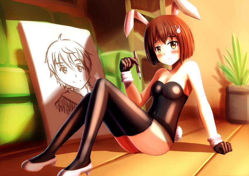 animal_ears arlly_radithia blush brown_eyes brown_hair bunny_ears bunny_girl bunny_hair_ornament bunnysuit canvas_(object) gloves hair_ornament highres kono_bijutsubu_niwa_mondai_ga_aru! short_hair solo uchimaki_subaru usami_mizuki