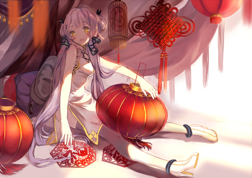 1girl bed blush bou_shaku chinese_clothes dress hair_bun hair_ornament happy high_heels indoors long_hair looking_at_viewer odango open_mouth pillow purple_eyes qipao shoes sitting sleeveless solo stardust thighhighs tied_hair traditional_clothes twintails vocaloid white_dress xingchen yellow_eyes