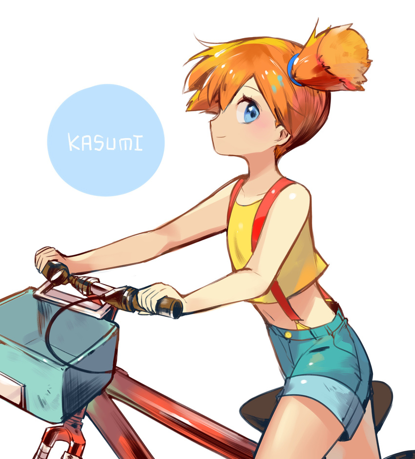 absurdres bicycle bicycle_basket blue_eyes character_name cowboy_shot denim denim_shorts ground_vehicle gym_leader highres kasumi_(pokemon) looking_at_viewer orange_hair pokemon pokemon_(anime) pokemon_(classic_anime) shorts side_ponytail solo suspenders tank_top thighs walking walking_bike yamtteng